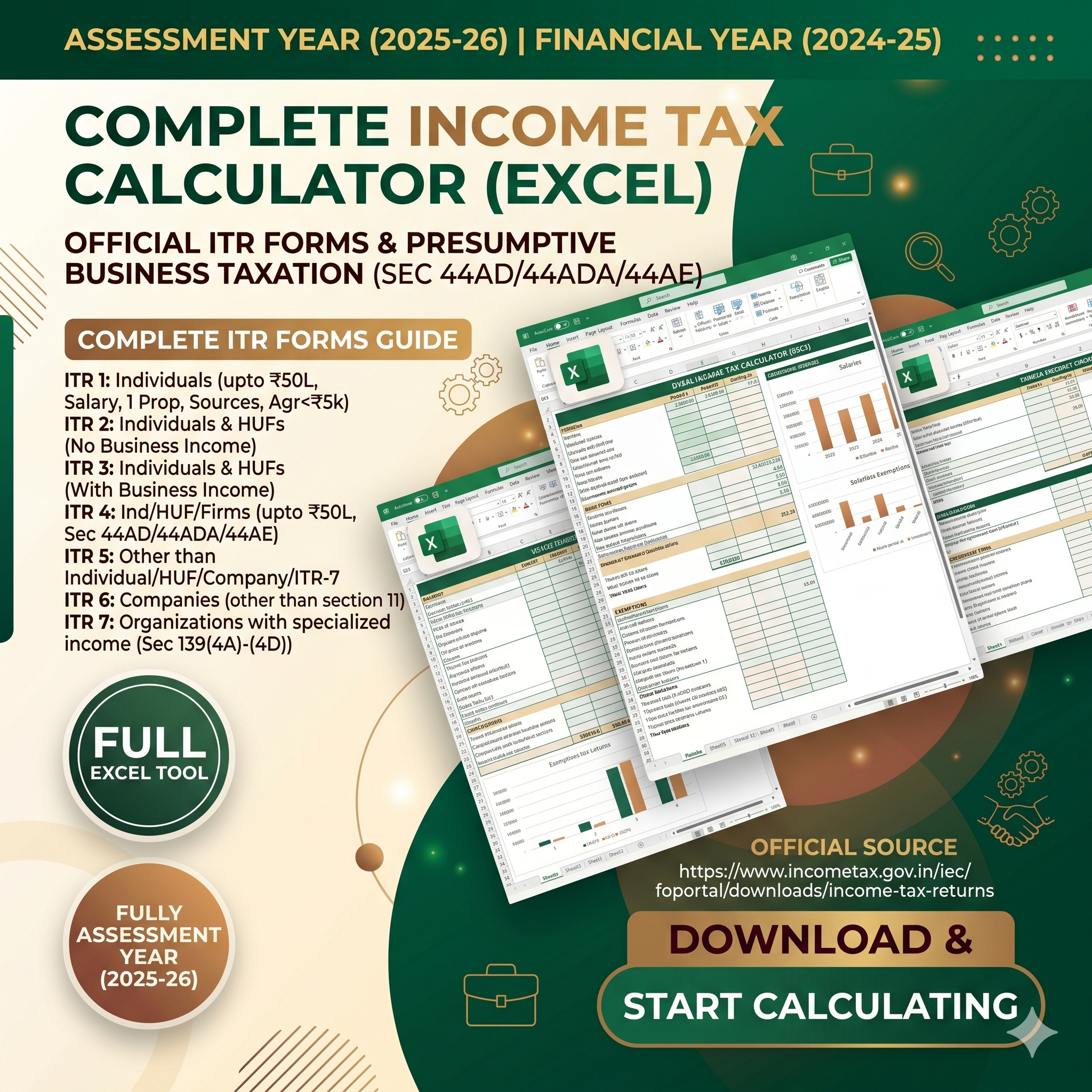 Income Tax Calculator Excel AY 2025-26 (FY 2024-25) | ITR-1 to ITR-7 All Forms Calculator ZIP
