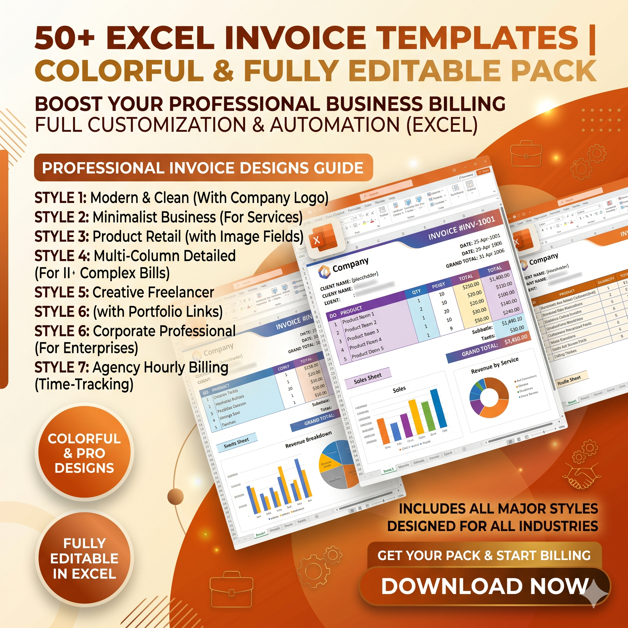 50+ Colorful Excel Invoice Templates Pack | Fully Customizable & Professional Billing Sheets